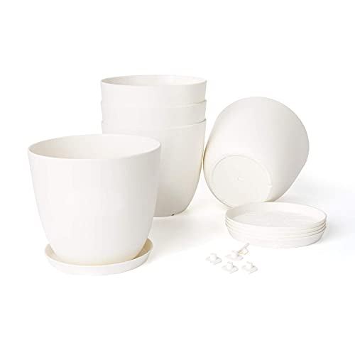 Mkono 6.5" Plastic Planters with Saucers, Indoor Set of 5 Flower Plant Pots Modern Decorative Gardening Pot with Drainage for All House Plants, Herbs, Foliage Plant, and Seeding Nursery, Cream White - NbuFlowers