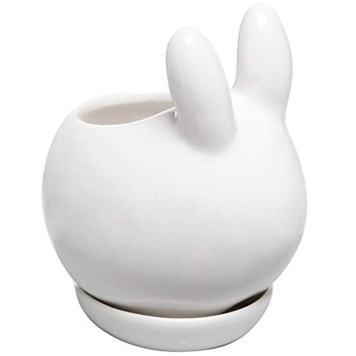 MyGift Decorative Bunny Rabbit Design White Mini Ceramic Plant Flower Pot Succulent Planter w/Saucer - NbuFlowers