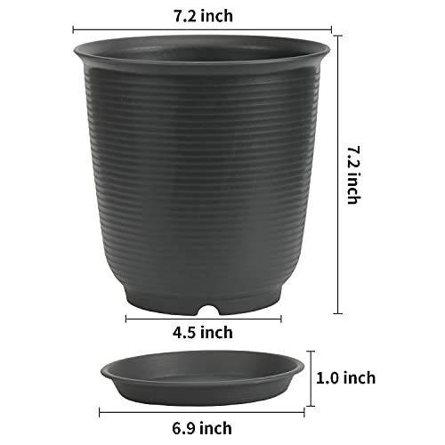 EHWINE 7.2 Inch Plastic Flower Pots 8 PCS, Indoor Plant Pots with Drainage and Tray, Black Planters Fit with Flowers,Succulents, Vegetables - NbuFlowers