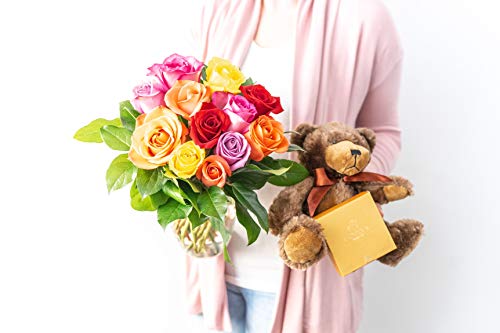 Flowers - One Dozen Rainbow Roses with Chocolates & Bear (Free Vase Included) - NbuFlowers