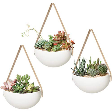 Mkono Ceramic Hanging Planter Wall Planter Set of 3 Modern Flower Plant Pots for Succulent Herb Air Plant Live or Faux Plants Home Office Decor Idea (Plant Not Included), White - NbuFlowers