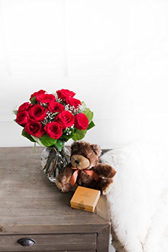 Flowers - One Dozen Red Roses Bundled with Gourmet Chocolate & Teddy Bear (Free Vase Included) - NbuFlowers