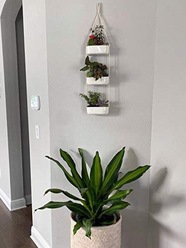 Mkono Ceramic Hanging Planter 3 Tier Indoor Wall Plant Holder for Succulent Herb Air Plant Live or Faux Plants Modern Vertical Garden , Rectangular - NbuFlowers