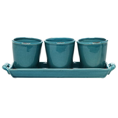 MyGift Set of 3 Country Rustic Turquoise Ceramic Succulent Planters/Flower Pots & Handled Display Tray - NbuFlowers