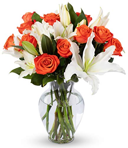 Benchmark Bouquets Orange Roses and White Oriental Lilies, With Vase (Fresh Cut Flowers) - NbuFlowers