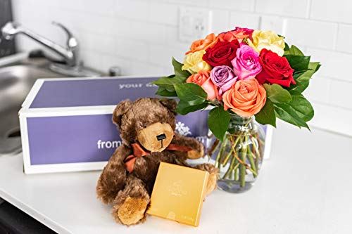 Flowers - One Dozen Rainbow Roses with Chocolates & Bear (Free Vase Included) - NbuFlowers