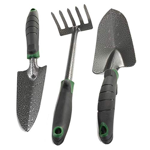 Edward Tools Garden Tool Set - Heavy Duty Carbon Steel Trowel, Transplanter, Hand Rake - 3 Piece Garden Tool Set with Bend-Proof Design - Ergo Rubber Grip Handles - NbuFlowers