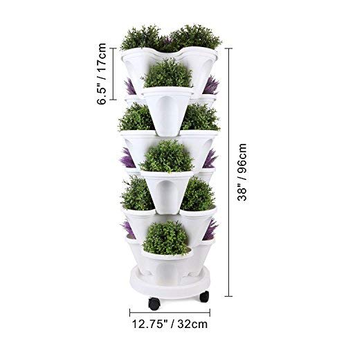T4U Stackable Vertical Planter Set with Rolling Plant Caddy - 6 Tier Garden Tower Ideal for Growing Strawberries, Herbs, Vegetables, Flowers, Indoor/Outdoor Porch Decor (6 Stacking Pots+Plant Dolly) - NbuFlowers