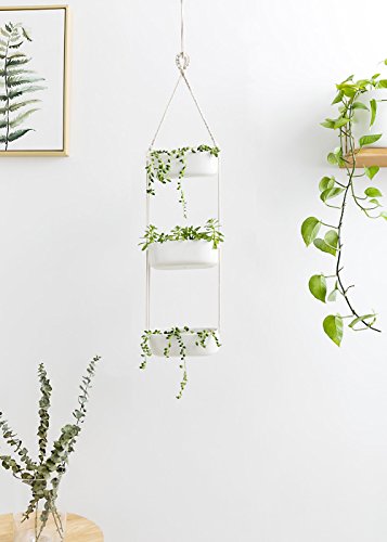 Mkono Ceramic Hanging Planter 3 Tier Indoor Wall Plant Holder for Succulent Herb Air Plant Live or Faux Plants Modern Vertical Garden , Rectangular - NbuFlowers