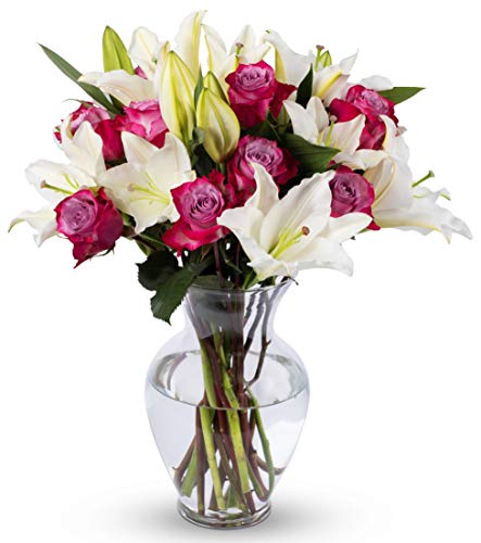 Benchmark Bouquets Lavender Roses and White Oriental Lilies, With Vase (Fresh Cut Flowers) - NbuFlowers