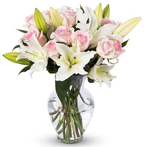 Benchmark Bouquets Light Pink Roses and White Oriental Lilies, With Vase (Fresh Cut Flowers) - NbuFlowers