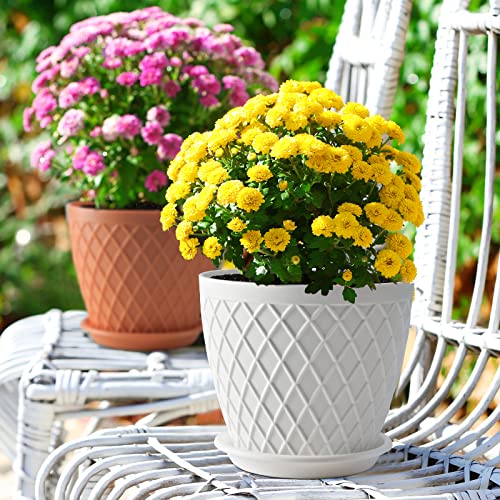 Plastic Plant Pots 7.5/6.5/5.5/5/4.5 Inch Flower Planter Pots with Multi Drainage Hole and Tray, Modern Decorative Rhomb Pattern Garden Pots for All House Plants - NbuFlowers