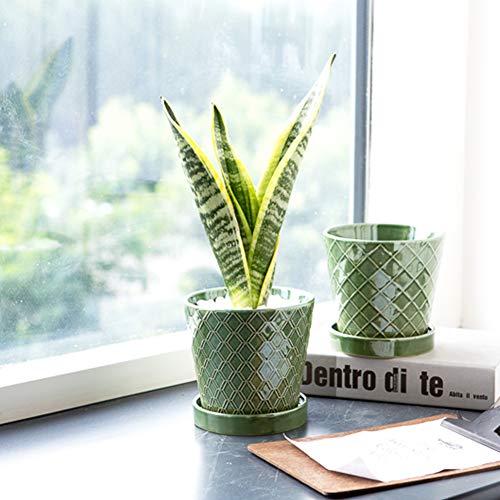 BUYMAX Plant Pots Indoor –5 inch Ceramic Flower Pot with Drainage Hole and Ceramic Tray - Gardening Home Desktop Office Windowsill Decoration Gift, Set of 4 - Plants NOT Included (Patina) - NbuFlowers