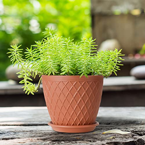 Plastic Plant Pots 7.5/6.5/5.5/5/4.5 Inch Flower Planter Pots with Multi Drainage Hole and Tray, Modern Decorative Rhomb Pattern Garden Pots for All House Plants - NbuFlowers