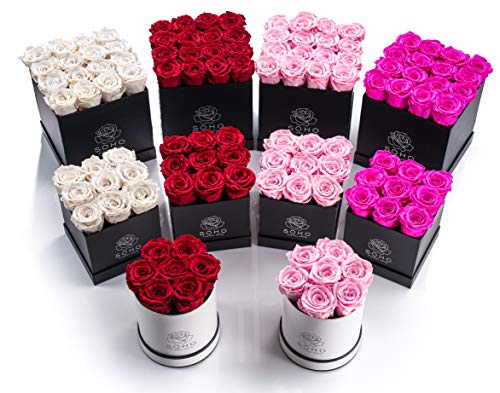 Soho Floral Arts | Real Roses That Last a Year and More | Fresh Flowers | Eternal Roses in a Box (Red: 7 X-Large Roses) - NbuFlowers