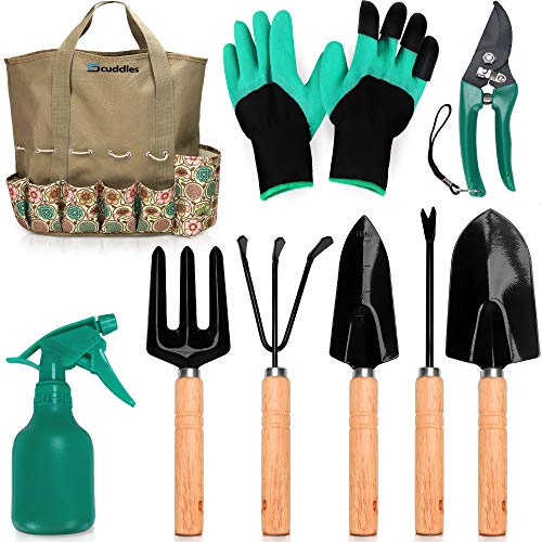 Scuddles Garden Tools Set - 8 Piece Heavy Duty Gardening Kit with Storage Organizer, Ergonomic Hand Digging Weeder Rake Shovel Trowel Sprayer Gloves Gift for Men Or Women - NbuFlowers