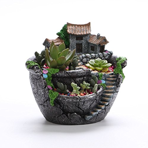 WINOMO Artificial Flowers Succulent Plants Pot Hanging Garden Design with Sweet House (Silver) - NbuFlowers