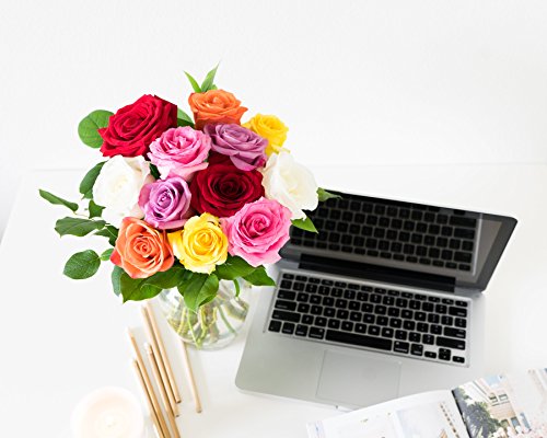 Flowers - One Dozen Rainbow Roses (Free Vase Included) - NbuFlowers