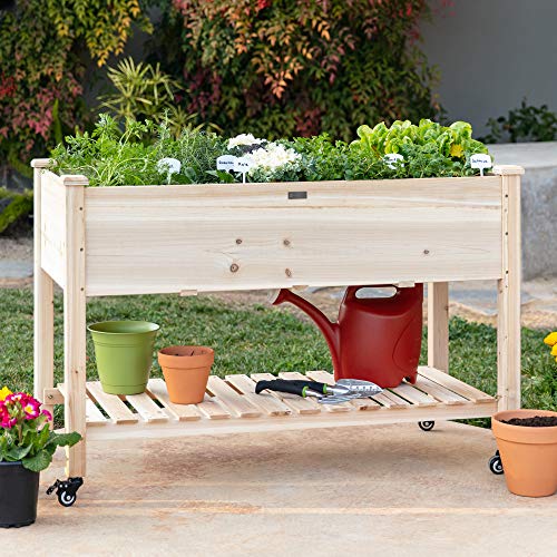 Best Choice Products Raised Garden Bed 48x24x32-inch Mobile Elevated Wood Planter w/Lockable Wheels, Storage Shelf, Protective Liner - NbuFlowers