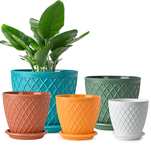 Plastic Plant Pots 7.5/6.5/5.5/5/4.5 Inch Flower Planter Pots with Multi Drainage Hole and Tray, Modern Decorative Rhomb Pattern Garden Pots for All House Plants - NbuFlowers