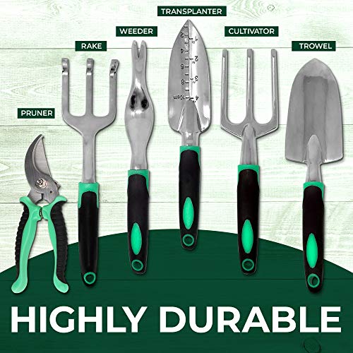 Scuddles Garden Tools Set - 7 Piece Heavy Duty Gardening Tools with Storage Organizer, Ergonomic Hand Digging Weeder, Rake, Shovel, Trowel, for Men & Women - NbuFlowers