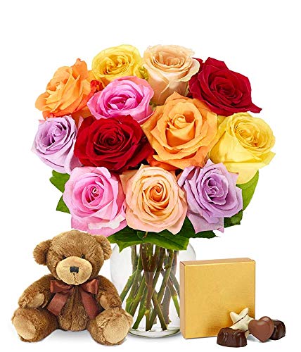 Flowers - One Dozen Rainbow Roses with Chocolates & Bear (Free Vase Included) - NbuFlowers