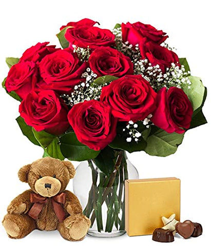 Flowers - One Dozen Red Roses Bundled with Gourmet Chocolate & Teddy Bear (Free Vase Included) - NbuFlowers