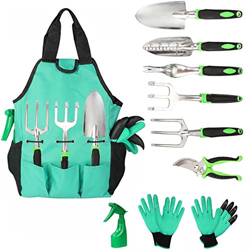 Aladom Garden Tools Set 10 Pieces, Gardening Kit with Heavy Duty Aluminum Hand Tool and Digging Claw Gardening Gloves for Men Women,Green - NbuFlowers