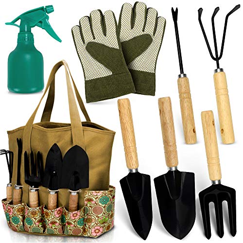 Scuddles Garden Tools Set - 8 Piece Heavy Duty Gardening Kit with Storage Organizer, Ergonomic Hand Digging Weeder Rake Shovel Trowel Sprayer Gloves Gift for Men Or Women - NbuFlowers