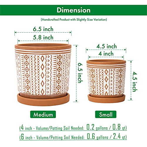 Set of 2 Terracotta Pots, 4 Inch & 6 Inch, Planter Pots for Plants with Drainage Holes and Saucers, Terracotta/White, Small, 31-958-A-1 - NbuFlowers