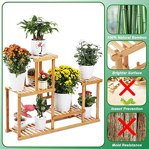 Bamboo Plant Stand Rack 4 Tier Indoor&Outdoor Multiple Flower Pot Holder Shelf Planter Display Shelving Unit for Patio Garden, Living Room, Corner Balcony and Bedroom (7-9 Flowerpots) - NbuFlowers