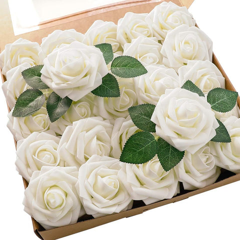 Floroom's 25-piece set of ivory foam artificial roses with stems, ideal for DIY wedding bouquets and party table decorations